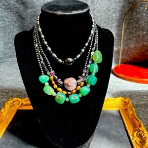 Multiple Hematite, Stone & Pearl Necklaces.